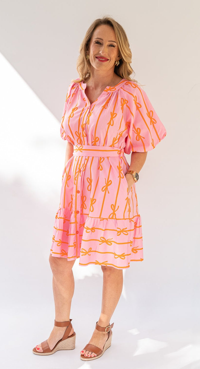 Buttons & bows dress puff sleeve